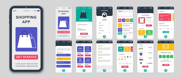 Set of UI UX GUI screens Shopping app flat design template for mobile apps responsive website