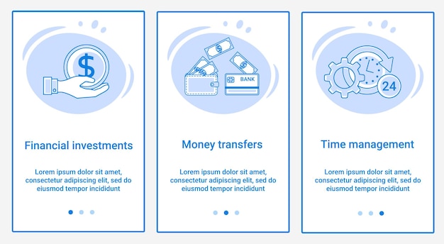 Набор UI и UX интерфейсов Тематика Финансовые инвестиции Денежные переводы и тайм-менеджмент