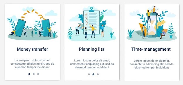A set of ui and ux interfaces topic money transfers task list and time management