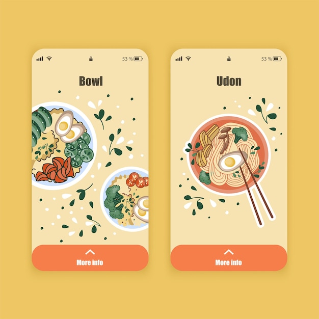 Set of UI UX screens for mobile app about food delivery. Asian food online shop.