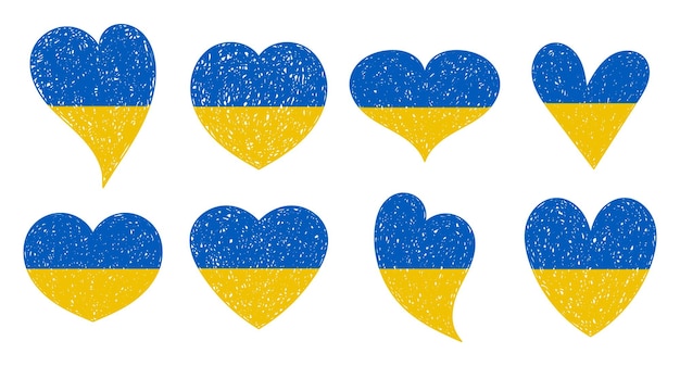 Set of Ukraine flag icon in the shape of hearts Save Ukraine concept Vector Ukrainian symbol icon button