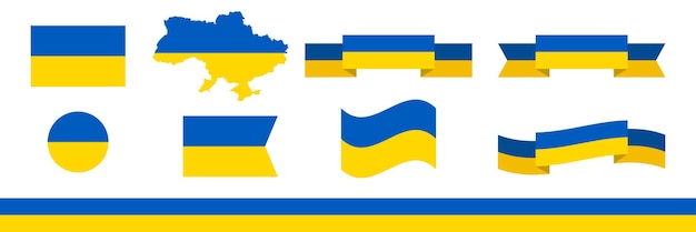 Set of Ukrainian flags ribbons symbols Vector illustration