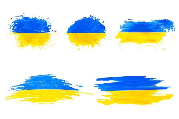 Set of Ukrainian flags in watercolor brush strokes