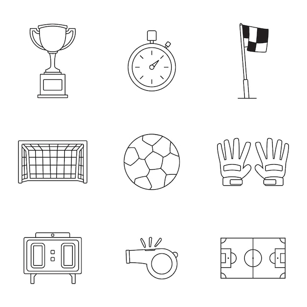 набор неокрашенных векторов значков футбольных объектов, выделенных на белом фоне.