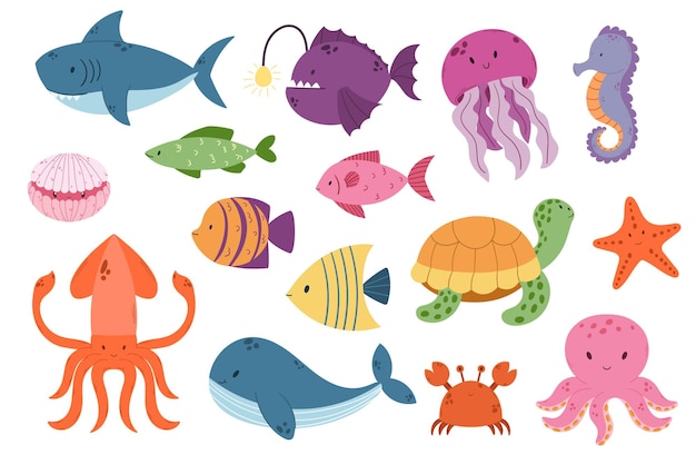 Vector set of underwater animals shark octopus anglerfish jellyfish and shell turtle starfish crab whale and squid