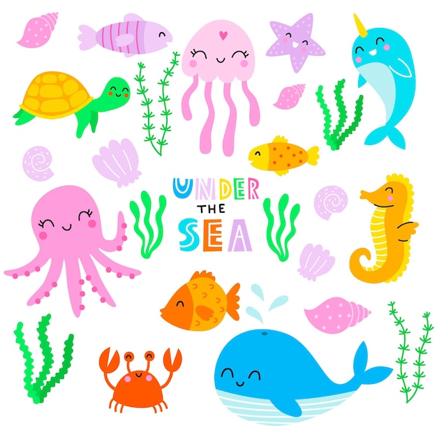 Set of underwater creatures Vector childish illustration