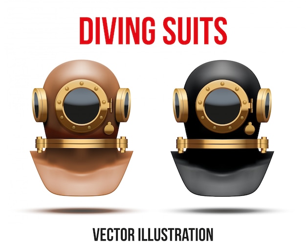 Vector set of underwater diving suit helmet.