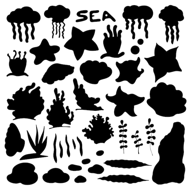 Set of Underwater Inhabitants Silhouette Sea Inhabitant Silhouette Collection Elements Isolated on White Background