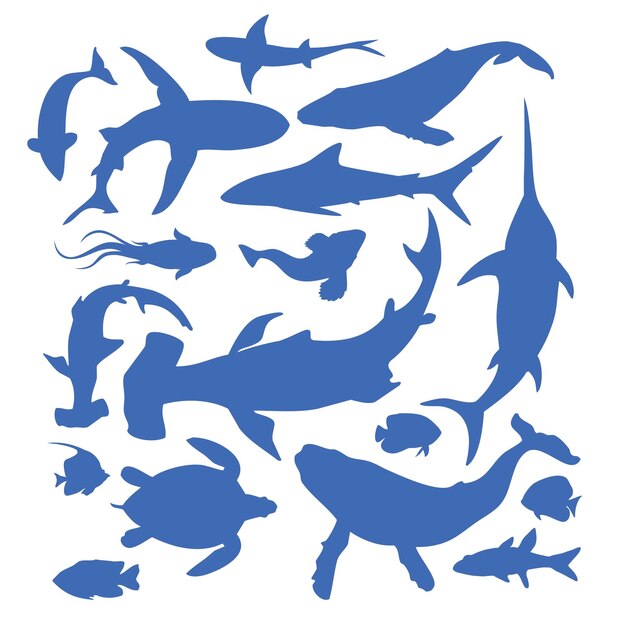 Vector set of underwater inhabitants silhouettes. set of fish silhouettes.