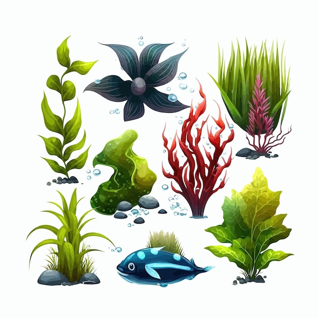 Set of underwater vegetation isolated on background cartoon flat vector illustration