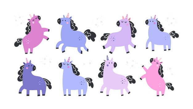 A set of unicorn cliparts. Children's doodle illustration. Magic horses on a white background