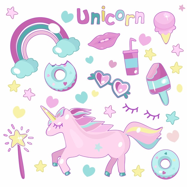 Vector set unicorn elements. unicorn, rainbow, stars, heart, lips, donut, glasses, magic wand. cartoon styl