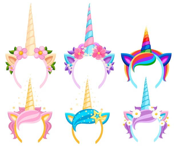 Set of unicorn tiaras with flowers and leaf.  fashion accessory headband. head band with rainbow style. vector illustration  on white background