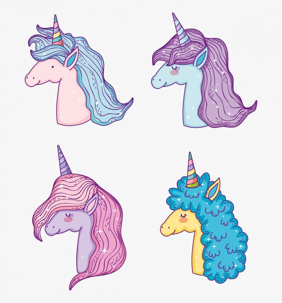 Set unicorns animals with horn and mane