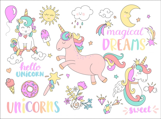 Vector set of unicorns and other fairy tales stickers.