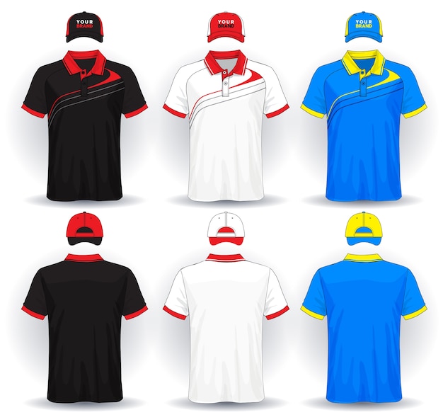 Set of uniform template polo shirts and caps