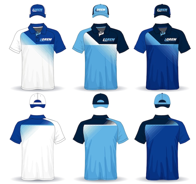 Set of uniform template polo shirts and caps