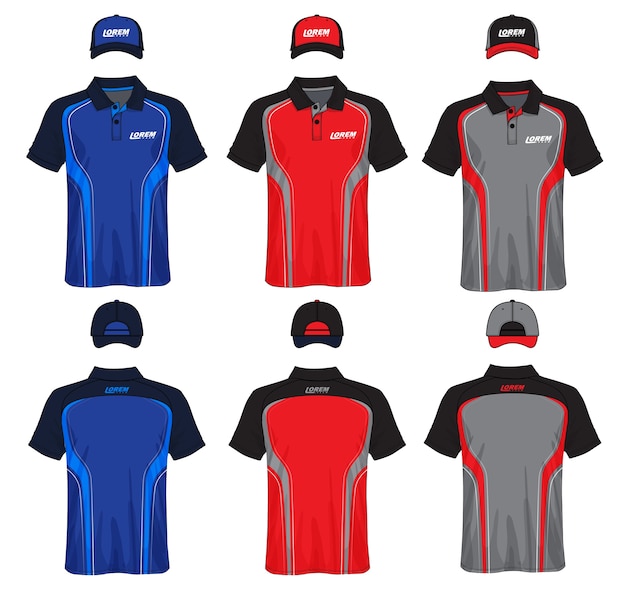 Set of uniform template polo shirts and caps