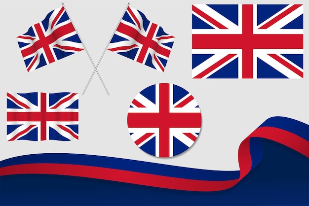 Vector set of united kingdom flags in different designs icon flaying flags with ribbon with background