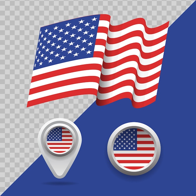 Vector set of united states of america flag. 3d american waving flag, map markers and emblem on transparent background vector illustration