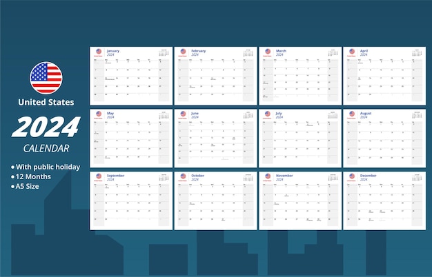 Vector set of united states desk calendar 2024 template vector with public holiday 12 month date