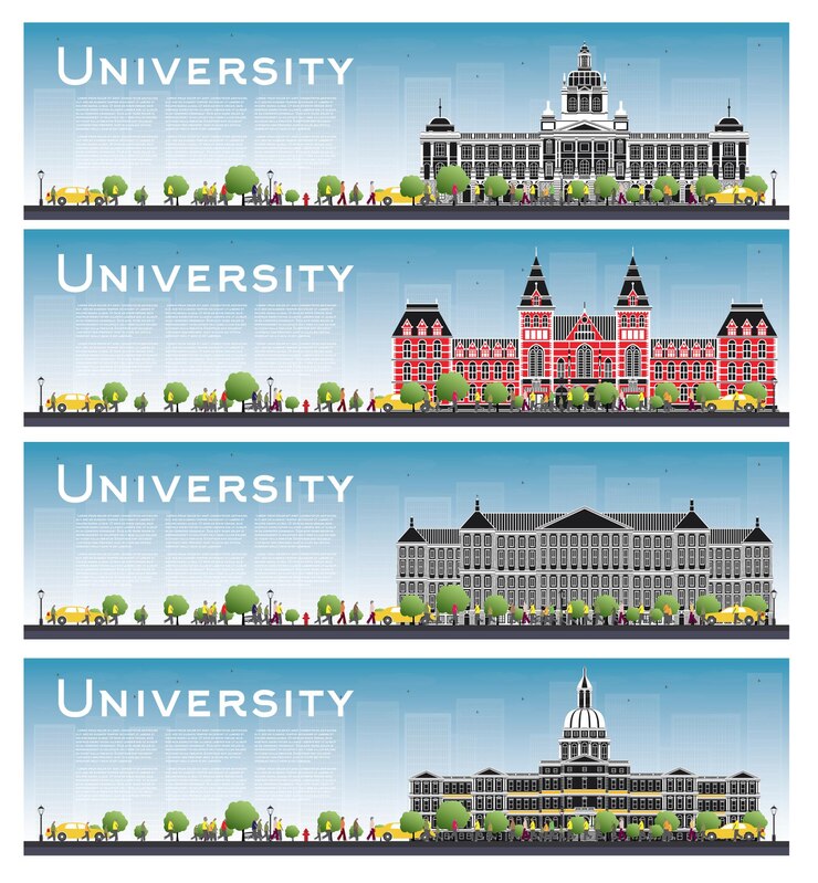 Vector set of university campus study banners. illustration. students go to the main building of university