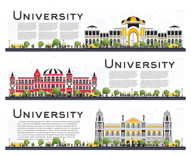 Set di banner di studio del campus universitario isolato su bianco. illustrazione di vettore. studenti vai all'edificio principale dell'università. orizzonte con albero verde. banner con copia spazio.