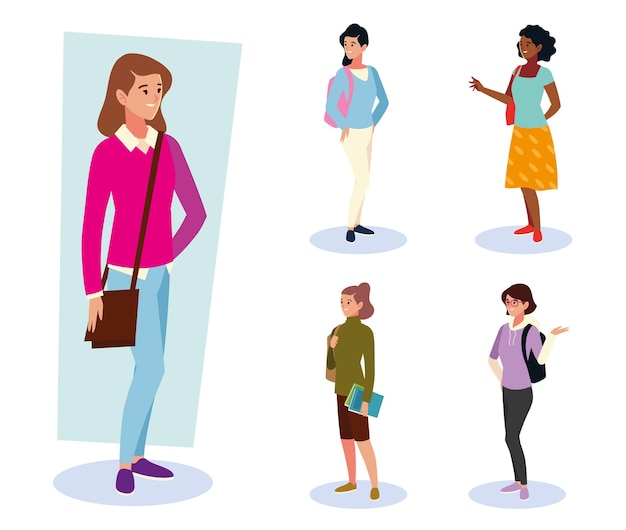 Set of university students female classmates standing with bags