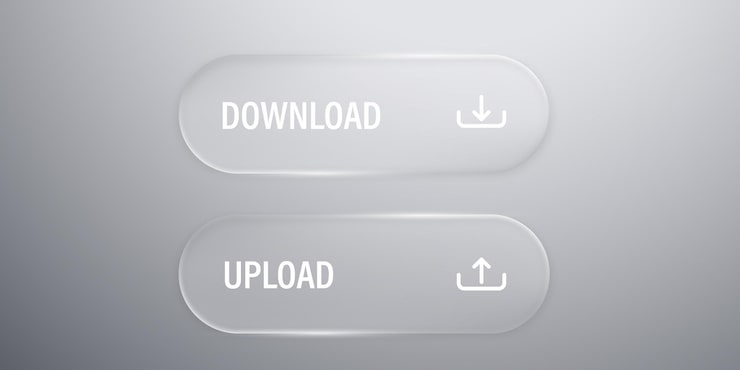 Vector 액체 유리 스타일의 업로드 및 다운로드 버튼 세트. 저장 및 업로드 아이콘 푸시 버튼. 현대적인 웹 사용자 인터페이스 요소(ui/ux 디자인). 투명 프레임 및 버튼 벡터 일러스트레이션