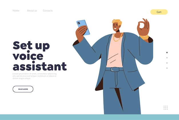 Impostazione del modello di progettazione della pagina di destinazione dell'assistente vocale con l'uomo d'affari che utilizza l'applicazione mobile