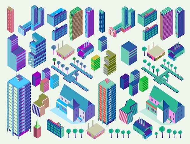 Set of urban building isometric. cityscape vector illustration