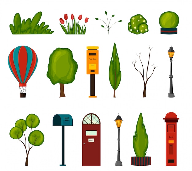 Set of urban objects for your  on a white background. Cartoon style.  illustration.