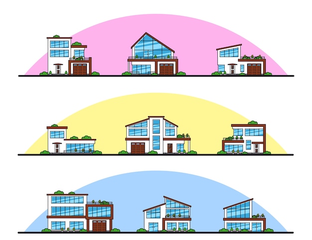 Set of urban and suburban modern style residential houses, thin line icons.