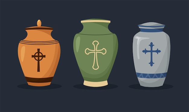 Set of urn for ashes. cremation and funeral urn with dust. burial and dead people. vector.