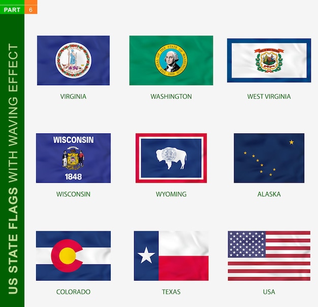 Vector set of us state flags with waving effect, national flag with texture. us states vector flag of virginia, washington, west virginia, wisconsin, wyoming, alaska, colorado, texas, usa