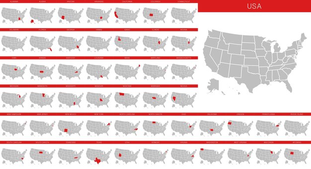 Vettore set stati uniti mappa stati uniti d'america mappa stati federali selezionati mappa