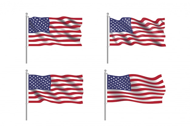 Set usa vlag. collectie van amerikaanse vlaggen bewegen in de wind in vector