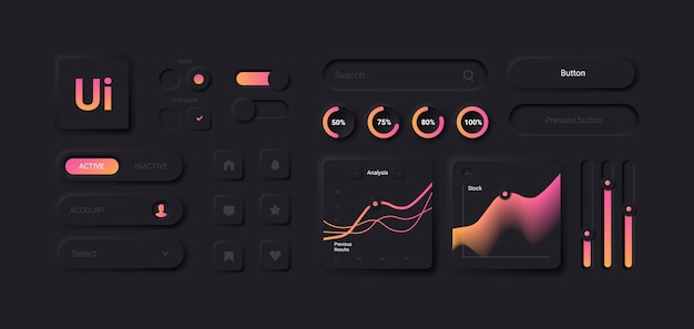 Vector set of user interface design elements in black, neomorphic style