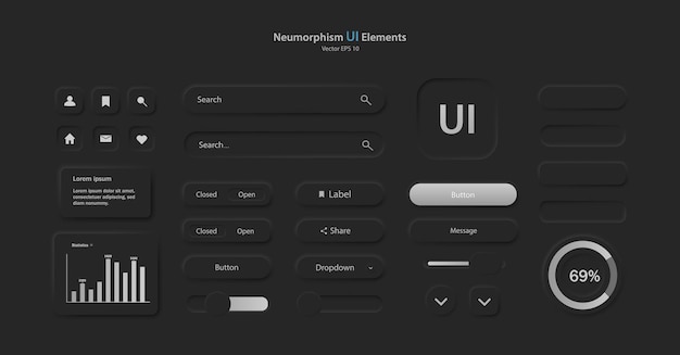 A set of user interface elements for a mobile application a collection of icons for user interface development in black and gray