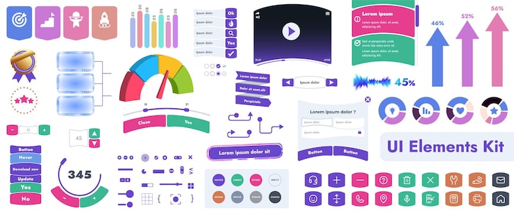 Vector 一組用戶界面元素 ui 套件,旨在用于移動應用程式和網站它包含大量的圖標按,並具有卡通般的圓形形狀