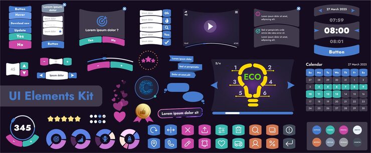 Vector 一組用戶界面元素 ui 套件,旨在用于移動應用程式和網站它包含大量的圖標按,並具有卡通般的圓形形狀