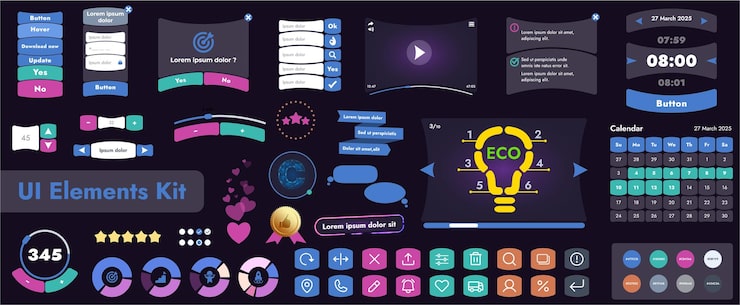 Vector 모바일 응용 프로그램 및 웹 사이트에서 사용하기위한 사용자 인터페이스 요소 키트 세트, 아이콘 버튼의 큰 컬렉션을 포함하고 만화 모양의 둥근 모양을 가지고 있습니다.