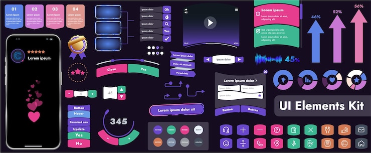 Vector モバイルアプリケーションやウェブサイトでの使用を目的としたユーザーインターフェース要素のキット アイコンボタンの大きなコレクションを含み カートゥーニッシュな丸い形をしています