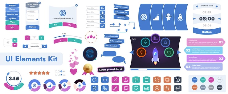 Vector 모바일 응용 프로그램 및 웹 사이트에서 사용하기위한 사용자 인터페이스 요소 키트 세트, 아이콘 버튼의 큰 컬렉션을 포함하고 만화 모양의 둥근 모양을 가지고 있습니다.