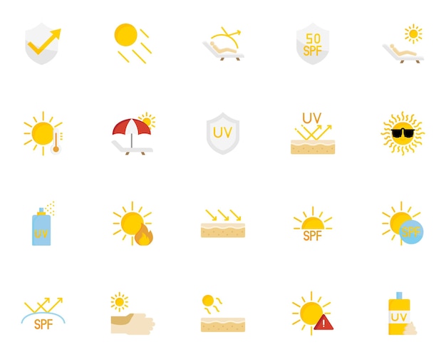 Vettore set di icone uv protezione solare ultravioletta sole