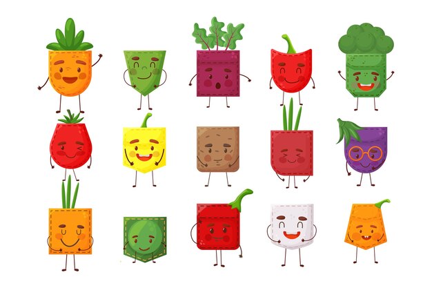 Set vagetables shaped patch pocket character pocket vagetables cartoon style