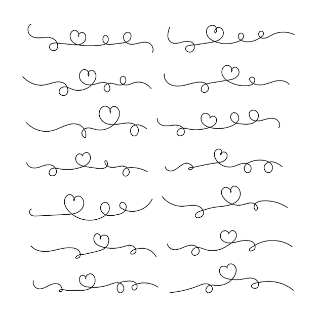 Набор каллиграфических вихрей Валентина Сердца и вихревых сердец Фондовая векторная иллюстрация