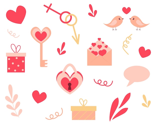 Set of Valentine's Day elements, hand drawn.Vector icons, isolated on white background.