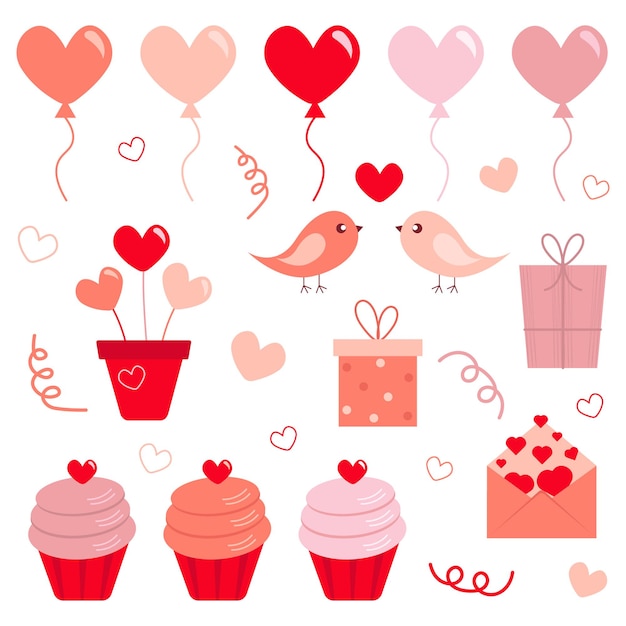 Set of Valentine's Day elements, hand drawn.Vector icons, isolated on white background.