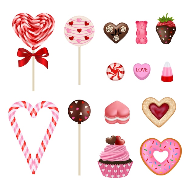 Set of valentine's day sweets. Isolated valentine candies, cookies and cakes